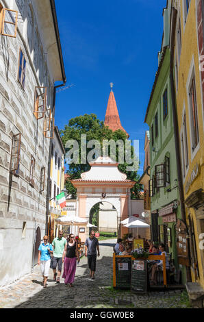 Ceský Krumlov (Böhmisch Krumau): Alley to the monastery of the Order of the Knights of the Cross with the Red Star, Czech, Jihoc Stock Photo