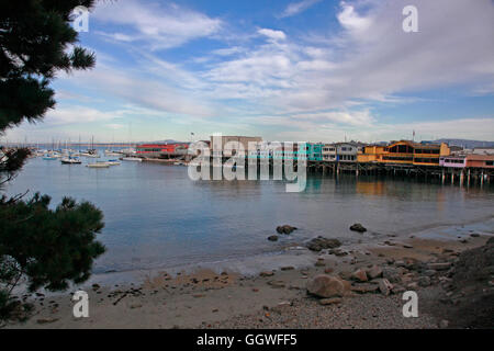 Shops at FISHERMANS WHARF overlook the harbour - MONTEREY, CALIFORNIA Stock Photo