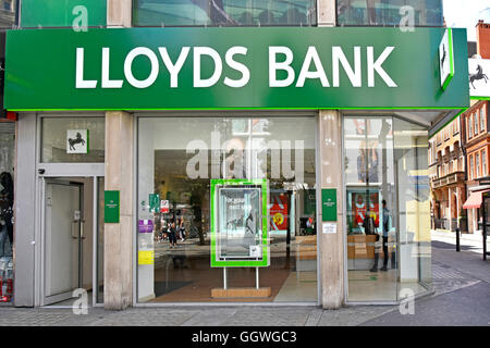 Fascia sign and logo above Lloyds Bank plc branch banking premises on a corner site in Oxford Street West End London England UK Stock Photo