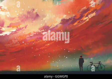 man with bicycle standing against red clouds in the sky,illustration,digital painting Stock Photo