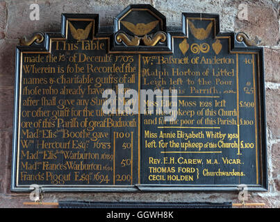 St Marys & All Saints Church Gt Budworth Interior, Cheshire, England,UK- Charitable gifts board Stock Photo