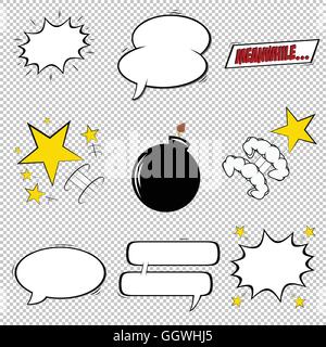 Set of comic speech bubbles, explosions and stars, Vector illustration Stock Vector