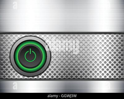 Power button knob on a metal background. Stock Vector