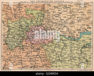 LONDON & HOME COUNTIES showing railways & roads. Small vintage map, 1932 Stock Photo