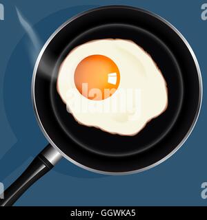 Fried eggs in pan with handle on table, top view Stock Vector