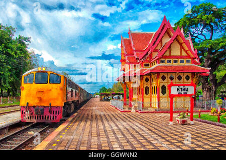 A digital painting of the Hua Hin train station in Thailand. Stock Photo