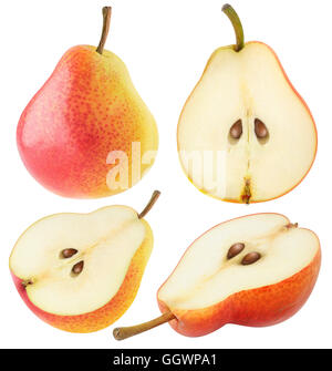 Isolated pears. Collection of cut yellow pink pear fruits isolated on white background with clipping path Stock Photo