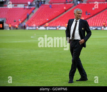 Manchester United manager Jose Mourinho on the pitch after the Community Shield match at Wembley Stadium, London. PRESS ASSOCIATION Photo. Picture date: Sunday August 7, 2016. See PA story SOCCER Shield. Photo credit should read: Nick Potts/PA Wire. RESTRICTIONS: No use with unauthorised audio, video, data, fixture lists, club/league logos or 'live' services. Online in-match use limited to 75 images, no video emulation. No use in betting, games or single club/league/player publications. Stock Photo