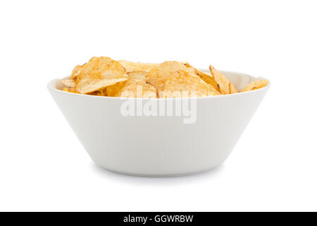 White round bowl full of potato chips viewed from the front, isolated on white background. Stock Photo