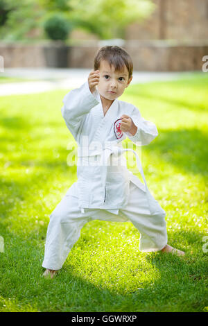 Preschool boy practicing karate outdoors Stock Photo