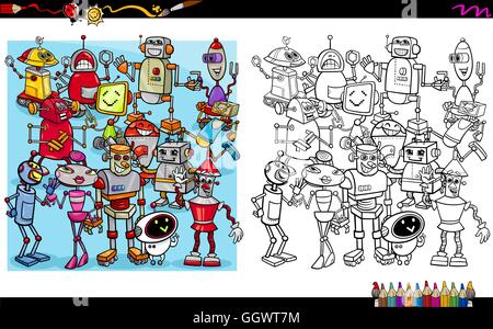 Cartoon Illustration of Robot Characters Coloring Book Activity Stock Vector