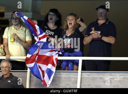 Mark and Caroline Peaty who await the Men's 100m Final where their son will Adam will race for an Olympic medal on the second day of the Rio Olympics Games, Brazil. Stock Photo