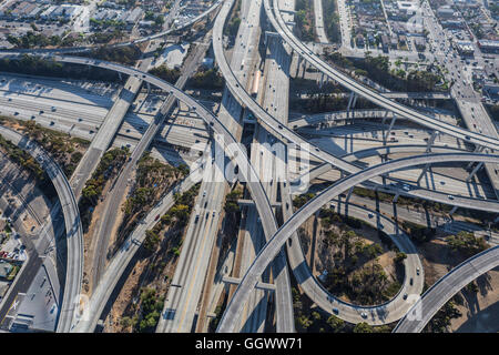 Aerial of the Harbor 110 and Century 105 freeway interchange south of downtown Los Angeles in southern California. Stock Photo