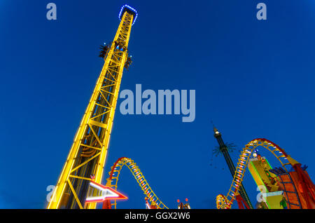 Wien, Vienna: Attractions Space Shot , roller coaster and Praterturm in Prater, Austria, Wien, 02. Stock Photo