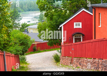 Red wooden houses in old town of Porvoo, Finland Stock Photo