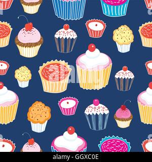 Seamless graphic vector pattern of different cakes on a blue backgroun Stock Vector