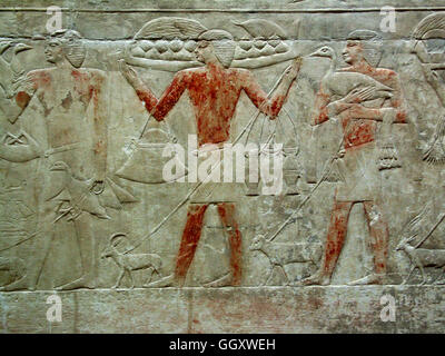 Wall relief of men carrying provisions and animals in the tomb of Mereruka. Saqqara – Egypt. Stock Photo