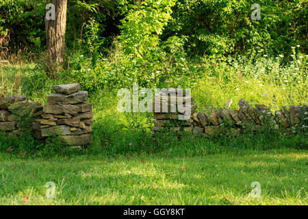 Old stone wall at the edge of a field. Stock Photo