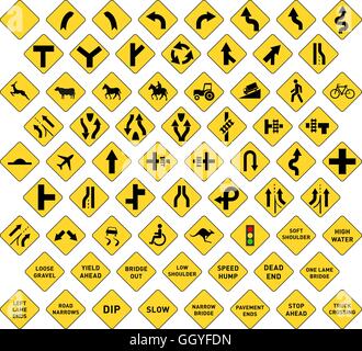 Big set of yellow road signs on white Stock Vector