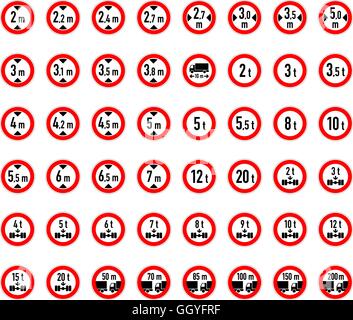 Big set of weight, wide, high and distance limits road signs on white Stock Vector
