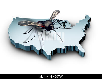 Zika virus in the United States concept as a mosquito sitting on a 3D illustration of the country of America as a medical health crisis and public health concern. Stock Photo