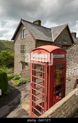 UK, England, Derbyshire, Litton, Cressbrook, Bottomhill Road, village phone box converted to defibrillator station Stock Photo