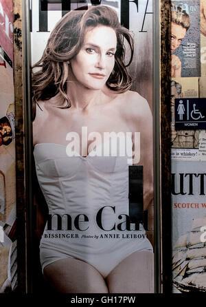 West Los Angeles, California, USA. 07th Aug, 2016. The newly-opened Nickel Bar on Santa Monica Boulevard employs pre and post-transition images of Caitlyn Jenner on its bathroom doors. The men's rest room door features a reproduction of the BRUCE JENNER Wheaties box produced after his gold medal win in the decathlon in 1976, and the ladies room is decorated with the Vanity Fair cover photograph of CAITLYN JENNER by Annie Leibovitz. Credit:  Brian Cahn/ZUMA Wire/Alamy Live News Stock Photo