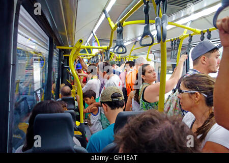 Rio de Janeiro, Brazil;. 7th August, 2016. Packed BRT (Bus Rapid Transport) bus, part of the new transportation system in Rio de Janeiro. Credit:  PictureScotland/Alamy Live News