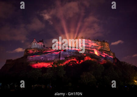 Edinburgh, Scotland, UK. 7th August, 2016. Light and Laser projections projected on the Edinburgh Castle facade as part of the Standard Life Opening Event: Deep Time spectacle for the Edinburgh International Festival Credit:  Guillem Lopez/Alamy Live News Stock Photo