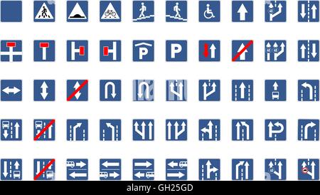 Set of blue square road signs isolated on white Stock Vector