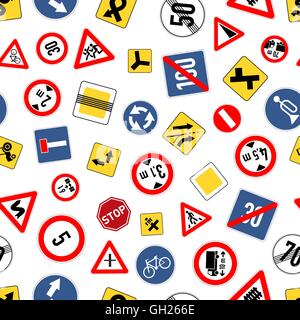 Different road signs isolated on white, seamless pattern Stock Vector