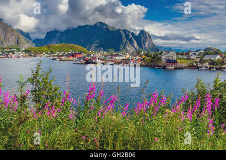 Reine, Lofoten Islands with sea and surrounding mountains Stock Photo