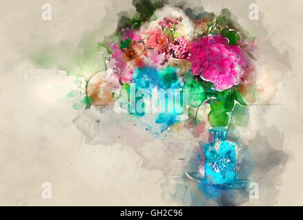 Colorful bouquet of flower. Digital watercolor painting Stock Photo