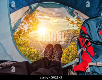 Tent lookout on a beautiful sunset in high mountains Stock Photo