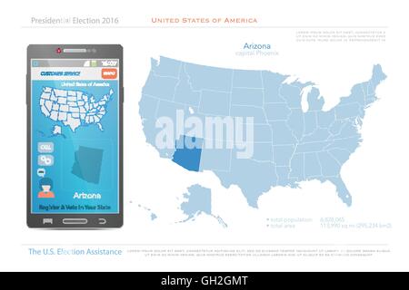 United States of America maps and Arizona state territory. vector USA political map. US election assistance app for smart phone Stock Vector