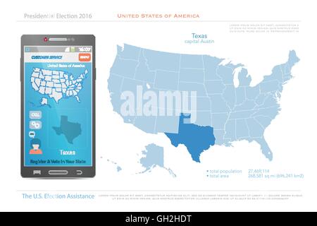 United States of America maps and Texas state territory. vector USA political map. US election assistance app for smart phone. t Stock Vector