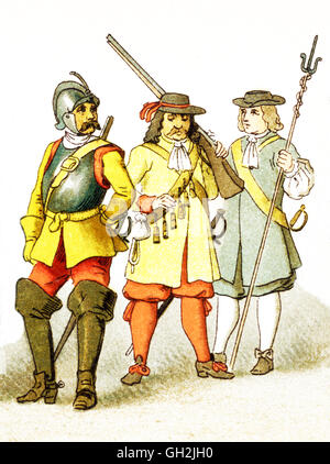 The figures shown here represent, from left to right, are:  an Austrian Cuirassier (1683), an Austrian infantry man (1670), and an Austrian artillery man (1671). The clothes, attire, and names all date to the 1600s.The illustration dates to 1882. Stock Photo