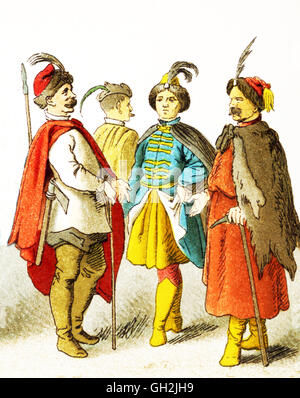The figures shown here represent, from left to right, are four Polish men. The clothes, attire, and names all date to the 1600s.The illustration dates to 1882. Stock Photo