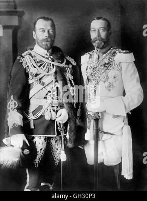 George V and Tsar Nicholas II. Portrait of King George V (1865-1936) and Tsar Nicholas II (1868-1918). Photo from Bains News Service, c.1913. Stock Photo