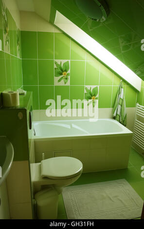 Lubica, PRESOV, SLOVAKIA - JULY 07, 2016: The interior of  bathroom in green colour with white bath in slovakian house in Lubica Stock Photo