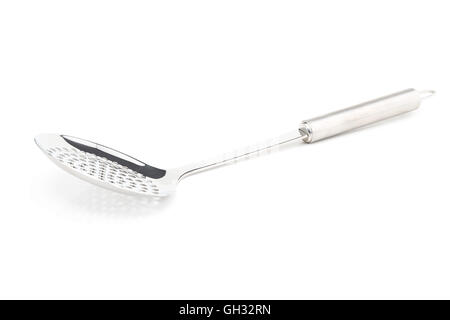 Stainless steel shiny silver skimming ladle or skimmer over white background Stock Photo