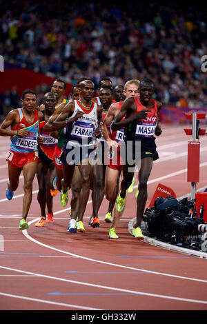 London 2012  - Olympics:   Athletics - Men's 10,000 Meter final.  Mohamed Farah of Great Britain winning the gold medal. Stock Photo