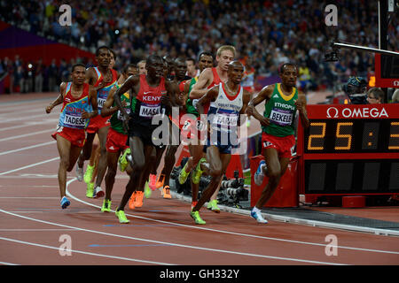 London 2012  - Olympics:   Athletics - Men's 10,000 Meter final.  Mohamed Farah of Great Britain winning the gold medal. Stock Photo