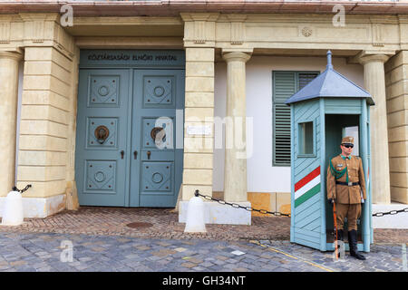 BUDAPEST, HUNGARY - JULY 24, 2014 : Ceremonial guard at the Presidential Palace. They guard the entrance of the Presidents offic Stock Photo