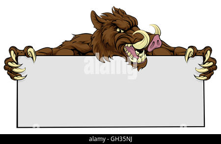 A mean looking boar sports mascot holding a sign Stock Photo