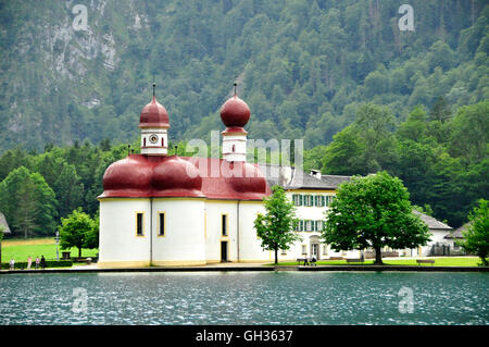 geography / travel, Germany, Bavaria, pilgrimage church St. Bartholomae from the 12th century, Koenigssee, Berchtesgaden National Park Berchtesgaden, Additional-Rights-Clearance-Info-Not-Available Stock Photo