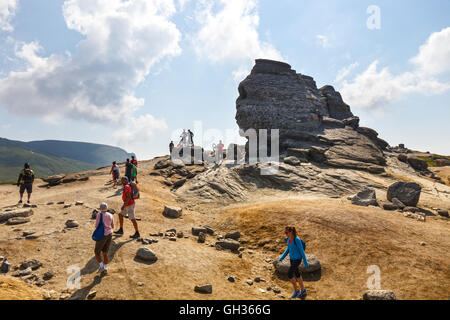 Bucegi Mountains, Romania July 09, 2015: Unidentified group of bikers climbs the hill in Bucegi Mountains in Romania on July 09, Stock Photo