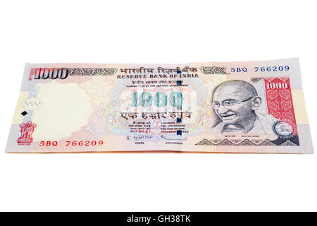 A one thousand rupee note (Indian Currency) isolated on a white background. Stock Photo