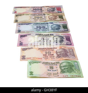 A variety of Indian rupee notes isolated on a white background. Stock Photo