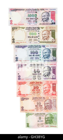 A variety of Indian rupee notes isolated on a white background. Stock Photo